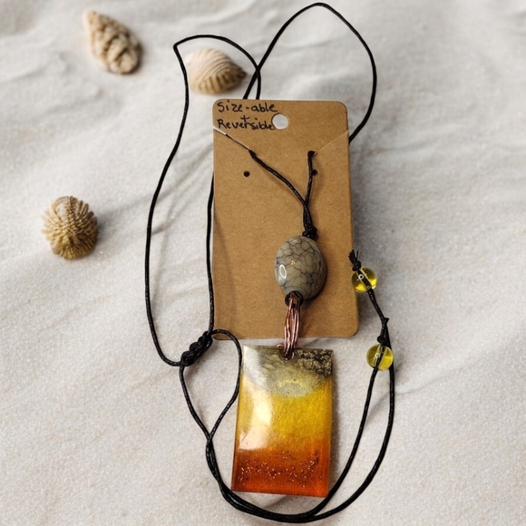 Desert iridescent tiered Glass on Copper bail handmade OOAK reversible Necklace - Picture 3 of 4